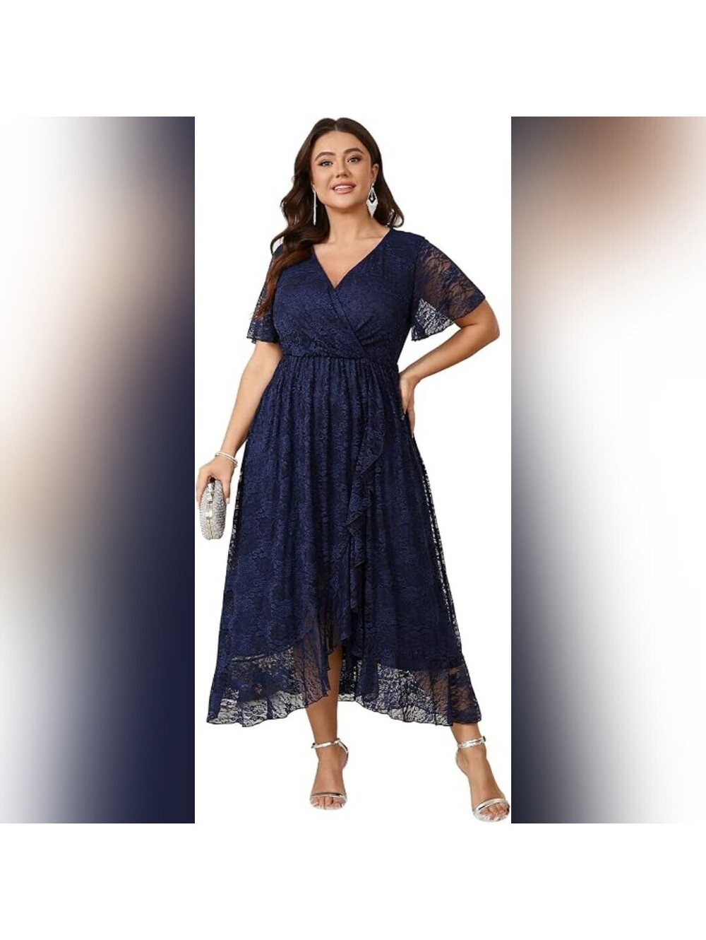 NWOT SCOMCHIC Lace Wrap V Neck High Low Short Sleeve Elegant Party Dress, 1X